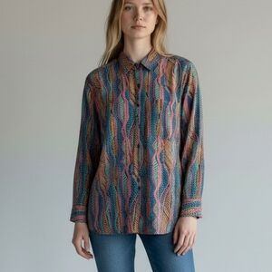 Vintage Impact 100% Silk Multicolor Button-Up Shirt Women Size Large